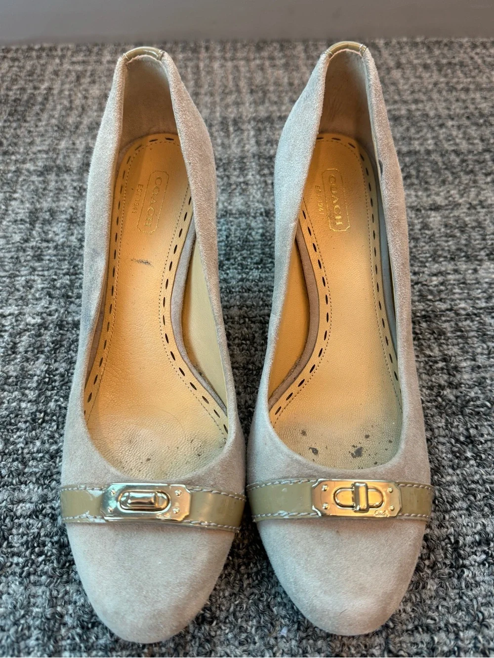 COACH Signature suede “Wanda” taupe heels